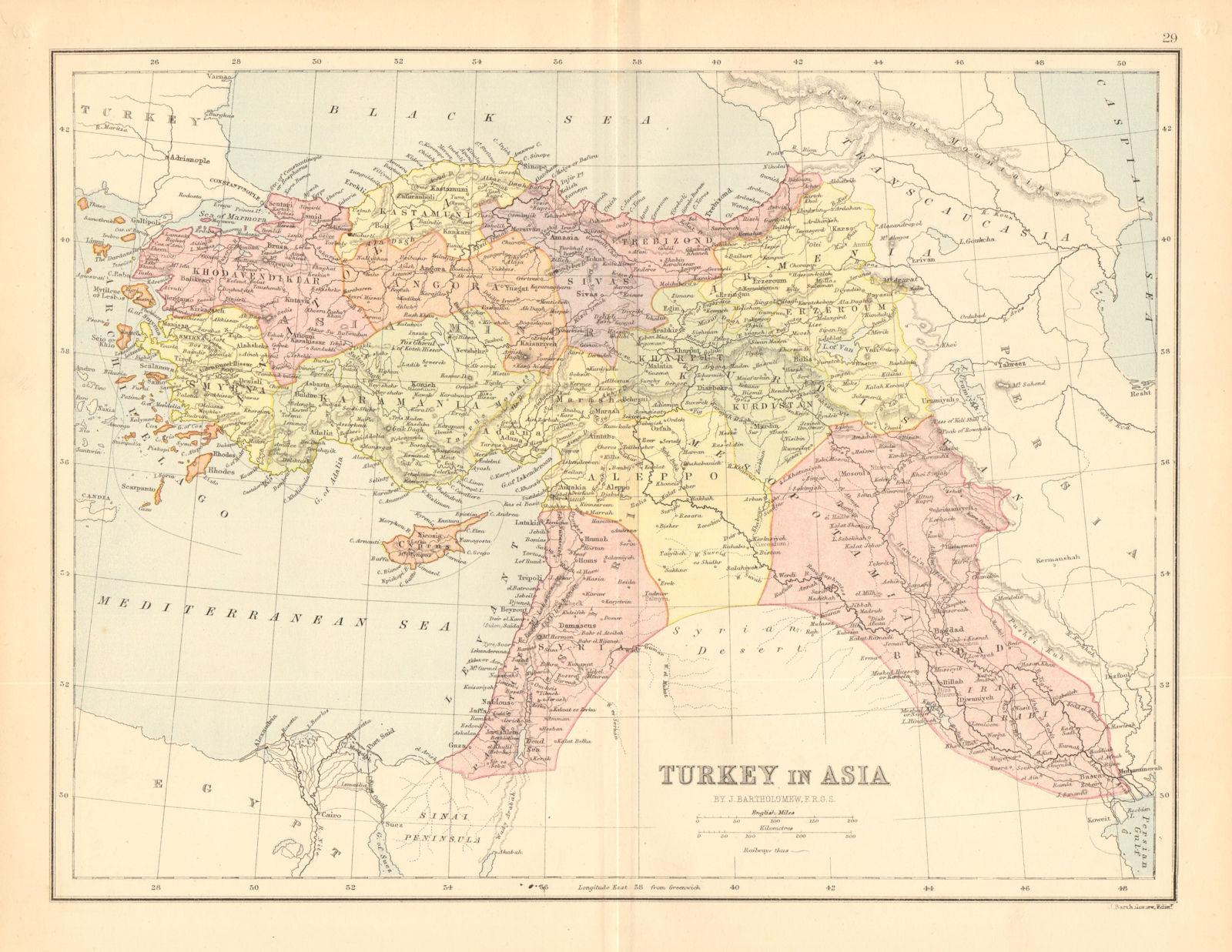 Turkey in Asia'. Levant Syria Cyprus Mesopotamia Railways.BARTHOLOMEW 1876 map